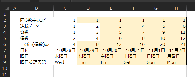 同 じ 数 字 の コ ビ - 
連 続 デ - タ 
偶 数 
上 の 行 ( 偶 数 ) x2 
曜 日 英 語 表 記 
12 
15 
10 
20 
12 
10 月 28 日 
水 曜 日 
Wed 
10 月 29 日 
木 曜 日 
Thu 
10 月 30 日 10 月 31 日 11 月 1 日 11 月 2 日 
土 曜 日 
金 曜 日 
Sat 
日 曜 日 
Sun 
月 曜 日 
Mon 