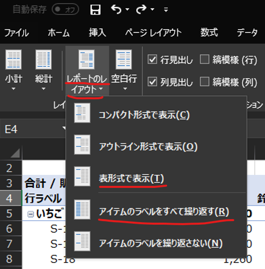 自 動 保 存 ( 三 ) 
方 イ ル ホ ー ム 挿 入 ペ ー ジ レ イ ア ウ ト 数 式 デ ー タ 
■ 住 
行 見 出 し ロ 縞 模 様 ( 行 ) 
小 計 総 計 レ ポ ー レ 空 白 行 ⅵ 列 見 出 し ロ 様 ( 列 ) 
イ ア ウ ト , 
目 
コ ン バ ク ト 形 式 で 表 示 ( ( ) 
ア ウ ト ラ イ ン 形 式 で 表 示 ( 0 ) 
2 3 4 5 6 7 8 
表 形 式 で 表 示 仼 ) 
合 計 / 
行 ラ ベ ル 
■ 
ア イ テ ム の ラ ベ ) 陸 す べ て 縵 り 返 す 但 ) 
ョ い ち こ 
ア イ テ ム の ラ ベ ル を 縵 り 返 さ な い 但 ) 